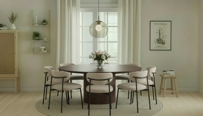 Kopparbo Runt Matbord 180 cm med 8 Lucy Matstolar - Valnöt / Vit Bouclé / Metallben Svart - Möbler - Matplats - Matgrupp & matbord med stolar