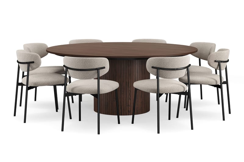 Kopparbo Runt Matbord 180 cm med 8 Lucy Matstolar - Valnöt / Vit Bouclé / Metallben Svart - Möbler - Matplats - Matgrupp & matbord med stolar