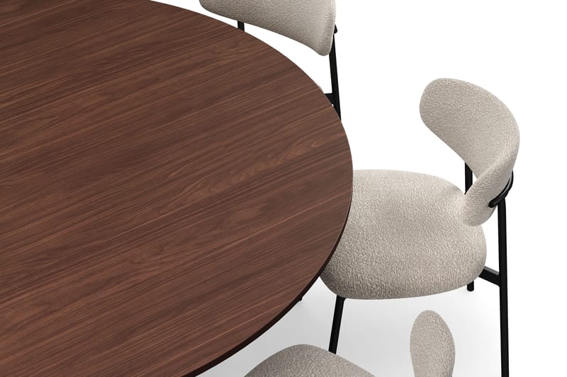 Kopparbo Runt Matbord 180 cm med 8 Lucy Matstolar - Valnöt / Vit Bouclé / Metallben Svart - Möbler - Matplats - Matgrupp & matbord med stolar