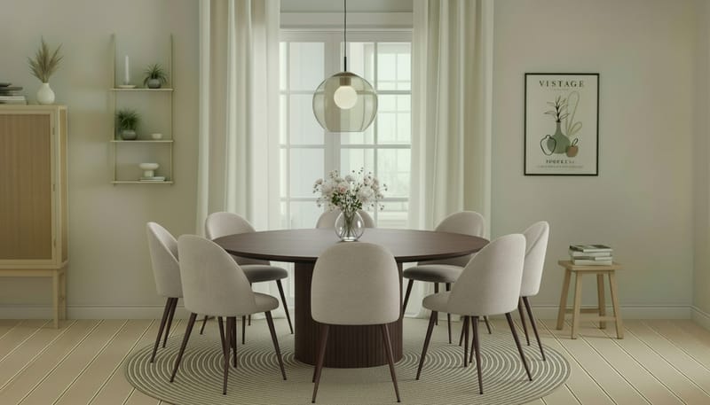 Kopparbo Runt Matbord 180 cm med 8 Nibe Plus Matstolar - Valnöt / Greige Bouclé / Metallben Valnöt - Möbler - Matplats - Matgrupp & matbord med stolar