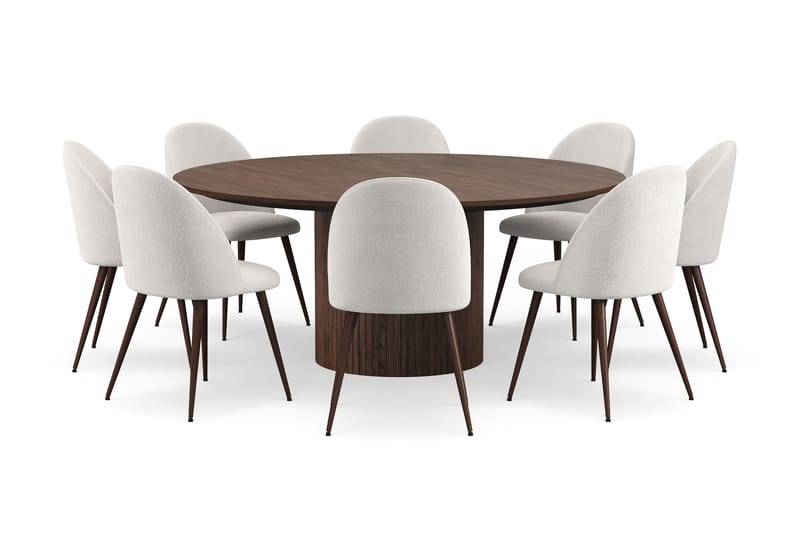 Kopparbo Runt Matbord 180 cm med 8 Nibe Plus Matstolar - Valnöt / Vit Bouclé / Metallben Valnöt - Möbler - Matplats - Matgrupp & matbord med stolar