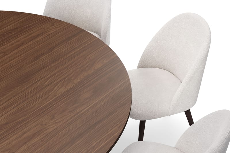 Kopparbo Runt Matbord 180 cm med 8 Nibe Plus Matstolar - Valnöt / Vit Bouclé / Metallben Valnöt - Möbler - Matplats - Matgrupp & matbord med stolar