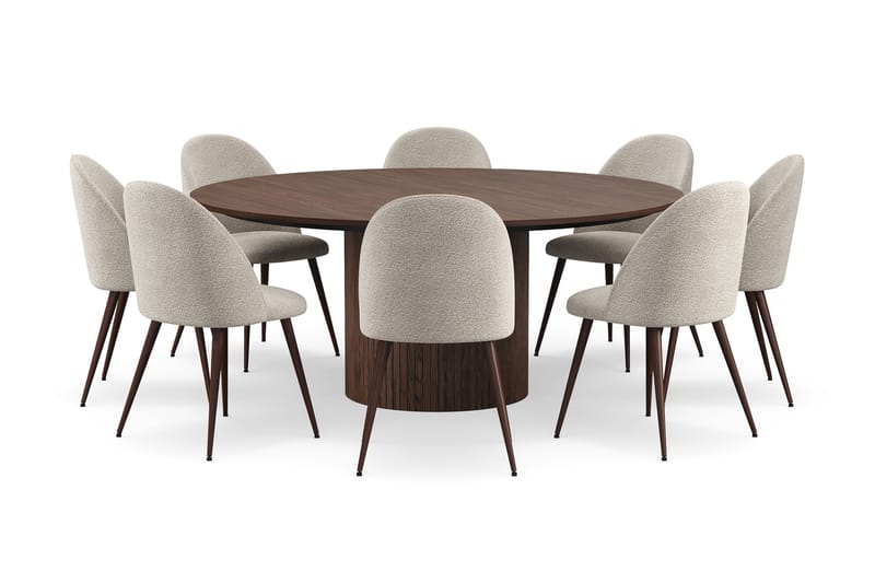 Kopparbo Runt Matbord 180 cm med 8 Nibe Plus Matstolar - Valnöt / Greige Bouclé / Metallben Valnöt - Möbler - Matplats - Matgrupp & matbord med stolar