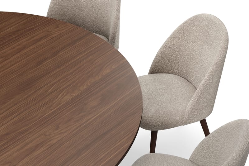 Kopparbo Runt Matbord 180 cm med 8 Nibe Plus Matstolar - Valnöt / Greige Bouclé / Metallben Valnöt - Möbler - Matplats - Matgrupp & matbord med stolar