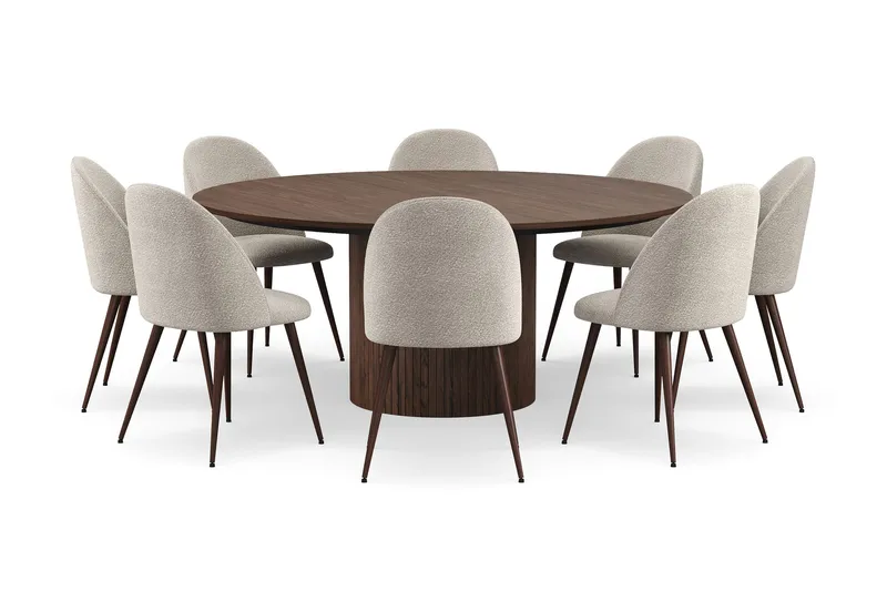Kopparbo Runt Matbord 180 cm med 8 Nibe Plus Matstolar - Valnöt / Greige Bouclé / Metallben Valnöt - Möbler - Matplats - Matgrupp & matbord med stolar