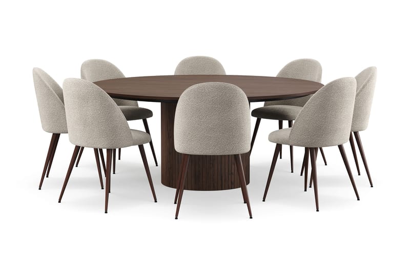 Kopparbo Runt Matbord 180 cm med 8 Nibe Plus Matstolar, Valnöt / Greige Bouclé / Metallben Valnöt