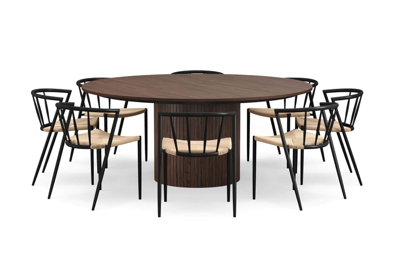 Kopparbo Runt Matbord 180 cm med 8 Winston Matstolar - Valnöt / Beige / Metallben Svart - Möbler - Matplats - Matgrupp & matbord med stolar