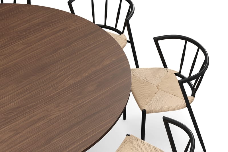 Kopparbo Runt Matbord 180 cm med 8 Winston Matstolar - Valnöt / Beige / Metallben Svart - Möbler - Matplats - Matgrupp & matbord med stolar