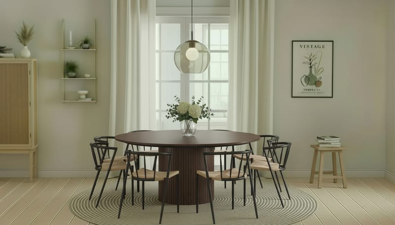 Kopparbo Runt Matbord 180 cm med 8 Winston Matstolar - Valnöt / Beige / Metallben Svart - Möbler - Matplats - Matgrupp & matbord med stolar