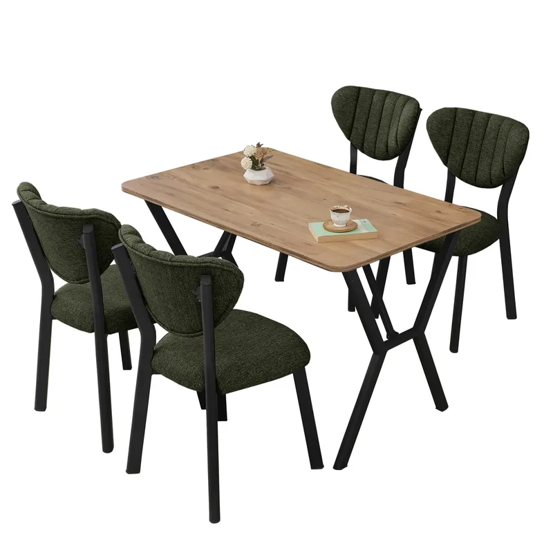 Krylor Matgrupp Bord 110 cm + 4 Stolar, Grön Och Valnöt