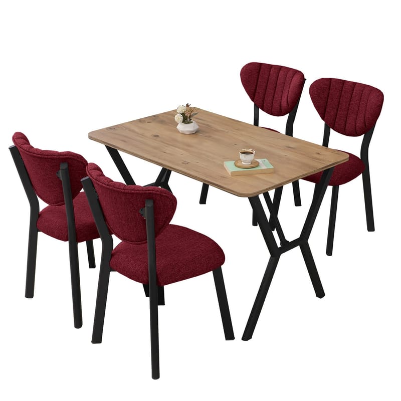 Krylor Matgrupp Bord 110 cm + 4 Stolar - Vinröd Och Valnöt - Möbler - Matplats - Matgrupp & matbord med stolar