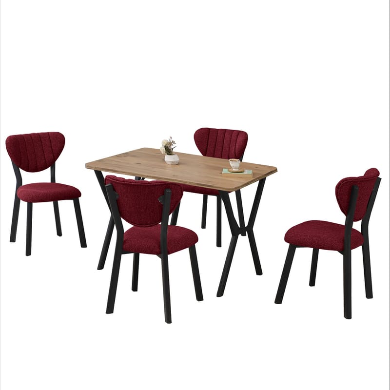 Krylor Matgrupp Bord 110 cm + 4 Stolar - Vinröd Och Valnöt - Möbler - Matplats - Matgrupp & matbord med stolar
