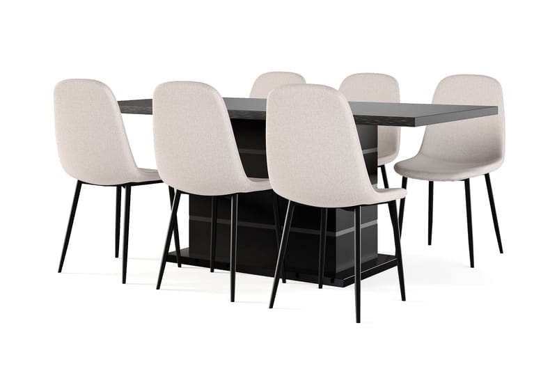 Kulmbach Förlängningsbart Matbord 180/220 cm Svart +  6 st Nikolas stol beige med svarta ben, Svart/Beige