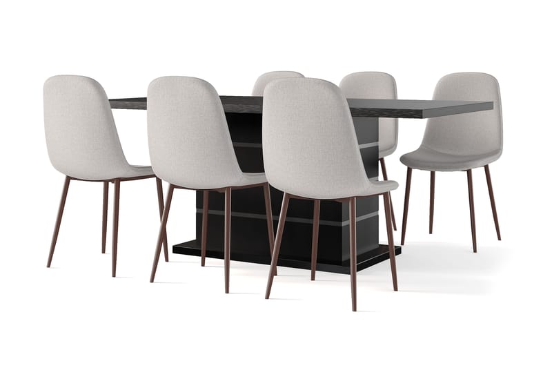 Kulmbach Förlängningsbart Matbord 180/220 cm Svart +  6 st Nikolas stol beige med valnöt ben, Svart/Beige