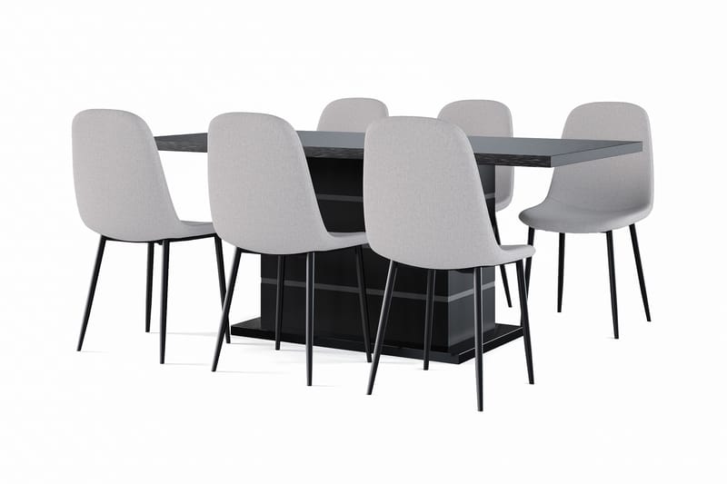 Kulmbach Förlängningsbart Matbord 180/220 cm Svart +  6 st Nikolas stol grå med svarta ben, Svart/Grå