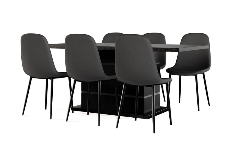 Kulmbach Förlängningsbart Matbord 180/220 cm Svart +  6 st Nikolas stol svart med svarta ben, Svart