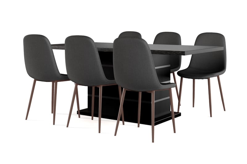 Kulmbach Förlängningsbart Matbord 180/220 cm Svart +  6 st Nikolas stol svart med valnöt ben, Svart