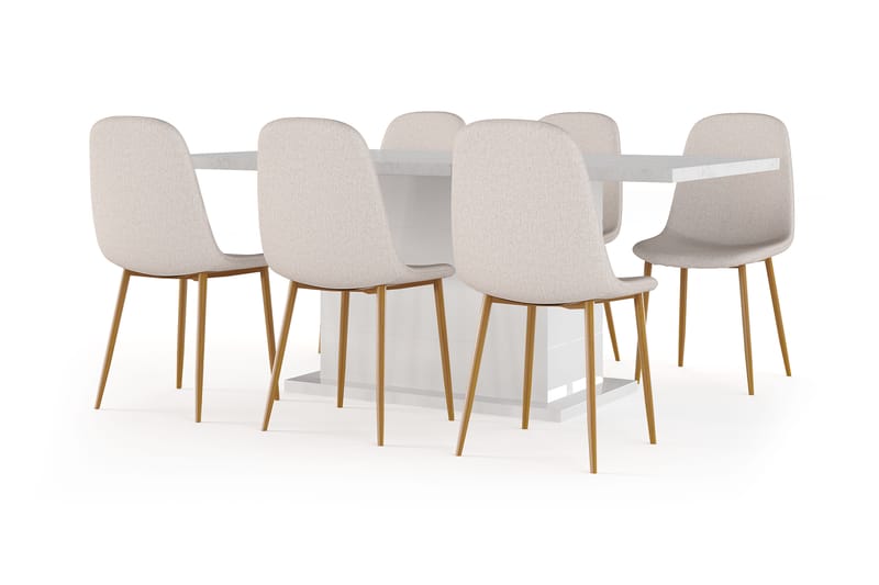 Kulmbach Matbord 180 cm Förlängningsbart med illäggsskiva +  6 st Nikolas stol beige med ek ben, Vit/Beige
