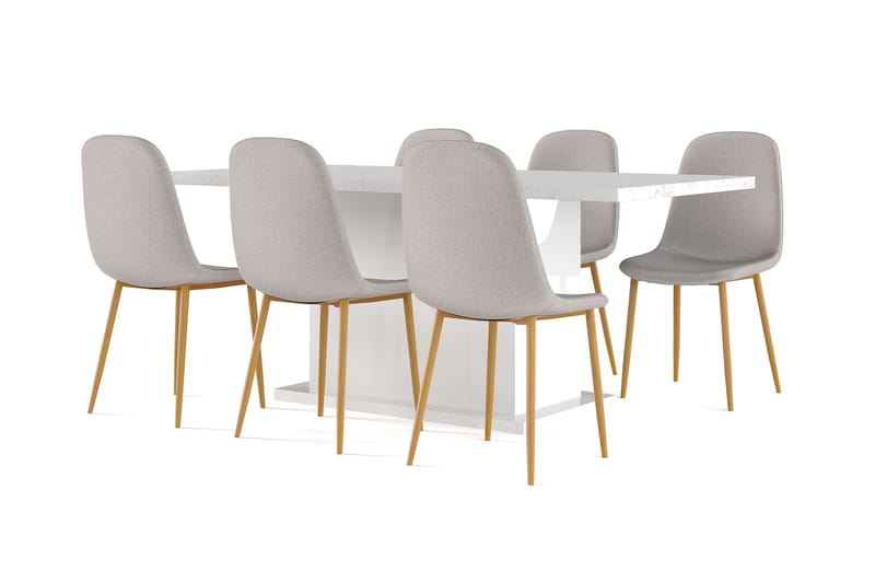 Kulmbach Matbord 180 cm Förlängningsbart med illäggsskiva +  6 st Nikolas stol grå med ek ben, Vit/Grå