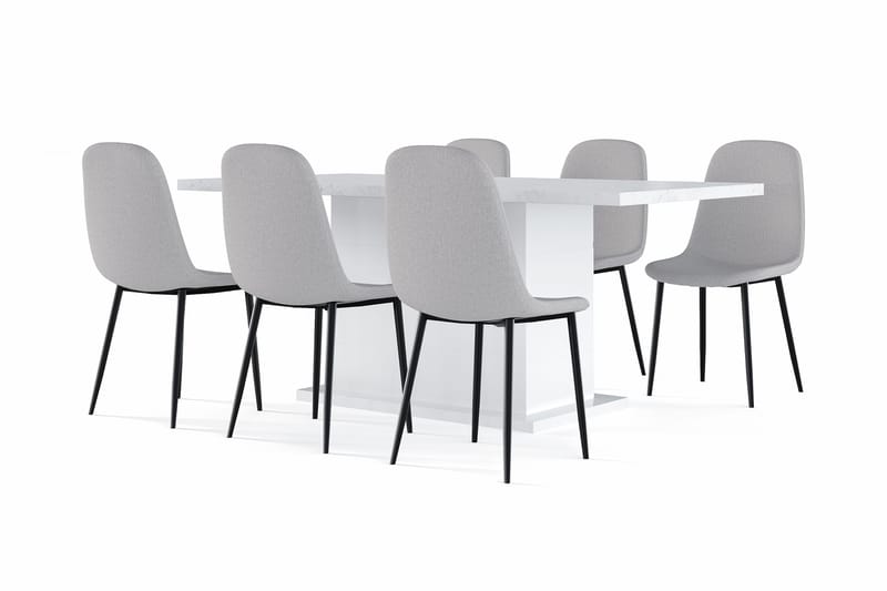 Kulmbach Matbord 180 cm Förlängningsbart med illäggsskiva +  6 st Nikolas stol grå med svarta ben, Vit/Grå