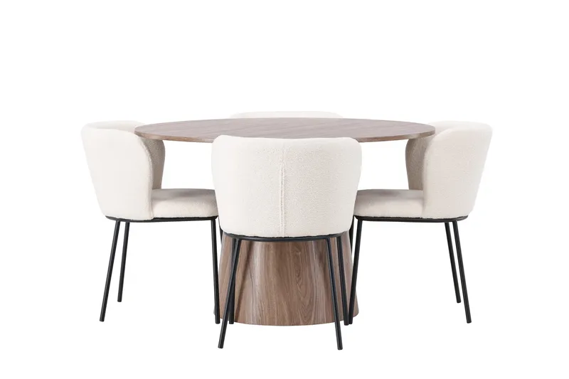 Lanzo Rund Matgrupp i Trä 120 cm med 4 Edina Stolar - Natur / Beige / Vit - Möbler - Matplats - Matgrupp & matbord med stolar