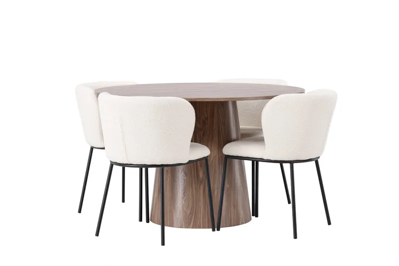Lanzo Rund Matgrupp i Trä 120 cm med 4 Edina Stolar - Natur / Beige / Vit - Möbler - Matplats - Matgrupp & matbord med stolar
