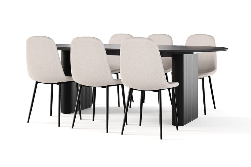 Lenoir Ovalt Matbord 220 cm Svart +  6 st Nikolas stol beige med svarta ben, Svart/Beige