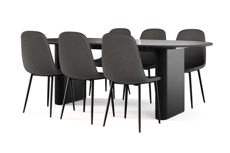 Lenoir Ovalt Matbord 220 cm Svart +  6 st Nikolas stol svart med svarta ben, Svart