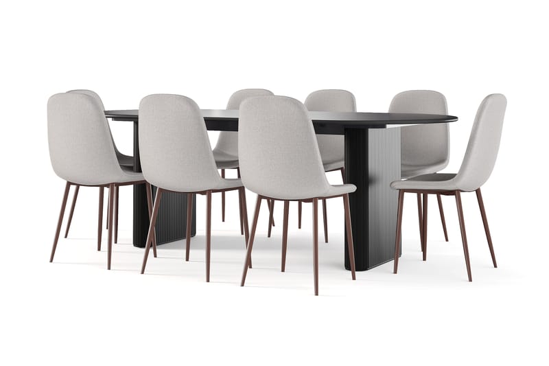 Lenoir Ovalt Matbord 220 cm Svart +  8 st Nikolas stol beige med valnöt ben, Svart/Beige