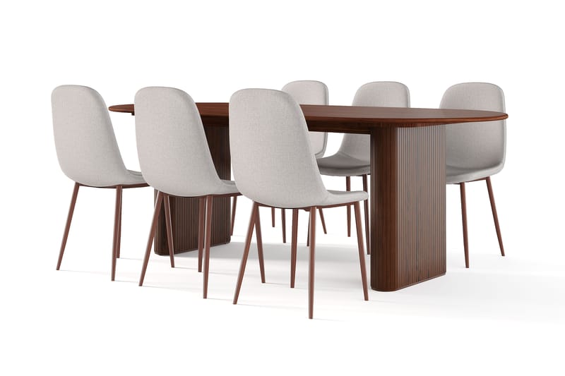 Lenoir Ovalt Matbord 220 cm Valnöt +  6 st Nikolas stol beige med valnöt ben, Brun/Beige