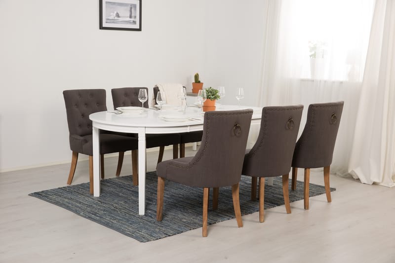 LEVIDE Bord 150/195 + 6 COLFAX Stol Grå/Natur - Matgrupp & matbord med stolar