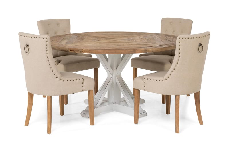 LIRE Matbord Ø150 Natur/Vit + 4 COLFAX Fåtölj Beige - Matgrupp & matbord med stolar