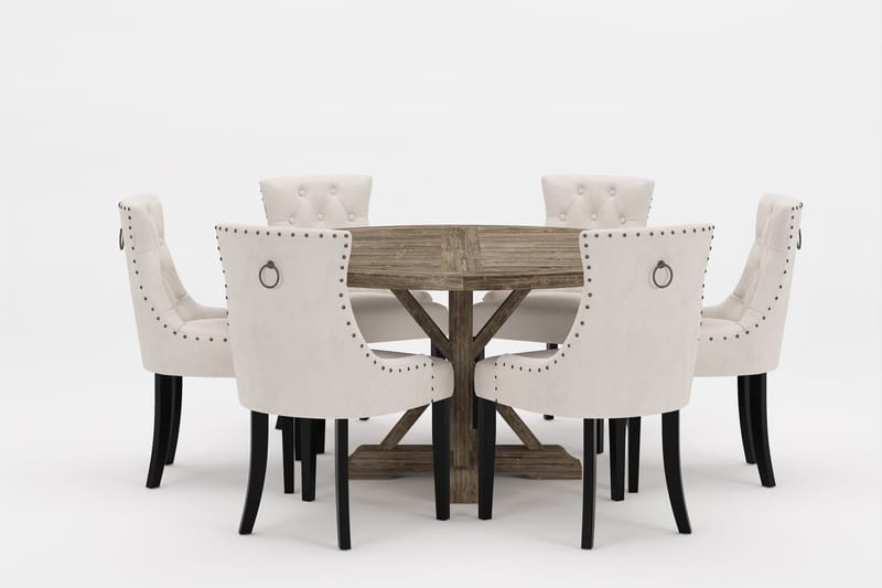 LIRE Premium Matgrupp Rund 150 cm + 6 st Viktoria Matstolar - Vit/Brun - Matgrupp & matbord med stolar
