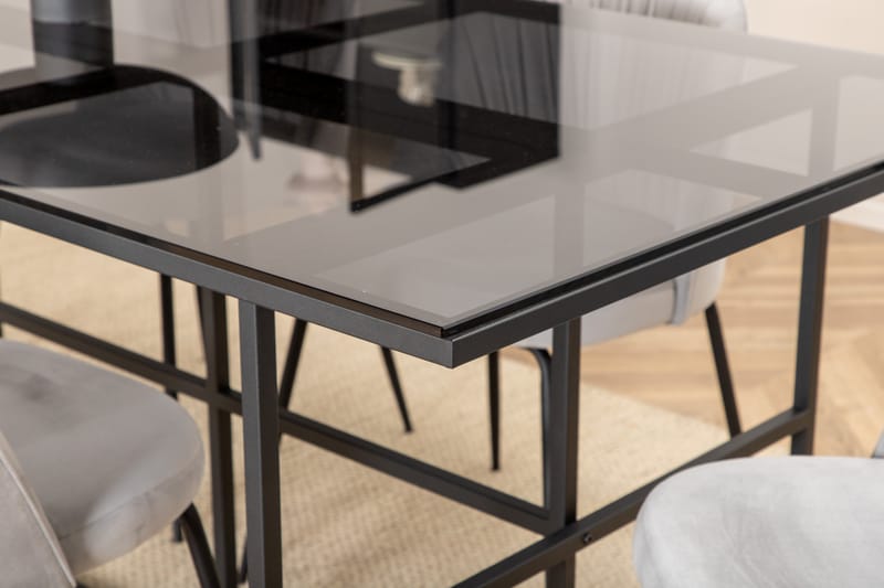 LIRIS Matbord 200 cm Glas/Svart + 6 CANDENOSA Stolar Grå - Matgrupp & matbord med stolar