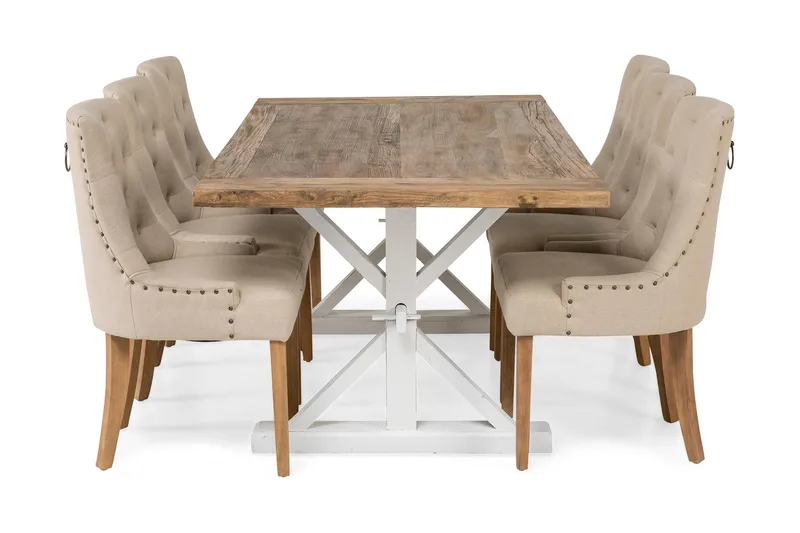 Lyon Förlängningsbar Matgrupp 200 cm med 6 Viktoria Stol Bloomington Natur/Vit/Beige Beige/White - Möbler - Matplats - Matgrupp & matbord med stolar