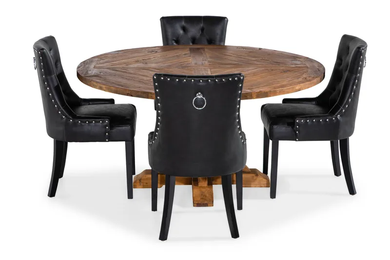 Lyon Matgrupp 150 cm Rund med 4 Tuva Fåtölj - Vintage Alm/Svart PU - Möbler - Matplats - Matgrupp & matbord med stolar