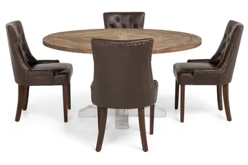 Lyon Matgrupp 150 cm Rund med 4 Tuva Fåtölj - Vintage Alm/Vit/Brun PU - Möbler - Matplats - Matgrupp & matbord med stolar