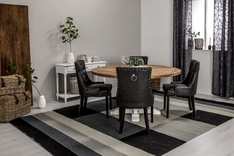 Lyon Matgrupp 150 cm Rund med 4 Tuva Fåtölj - Vintage Alm/Vit/Svart PU - Möbler - Matplats - Matgrupp & matbord med stolar