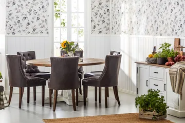 Lyon Matgrupp 150 cm Rund med 6 Tuva Fåtölj - Vintage Alm/Vit/Brun PU - Möbler - Matplats - Matgrupp & matbord med stolar