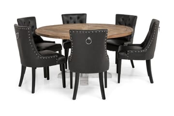 Lyon Matgrupp 150 cm Rund med 6 Tuva Fåtölj - Vintage Alm/Vit/Svart PU - Möbler - Matplats - Matgrupp & matbord med stolar