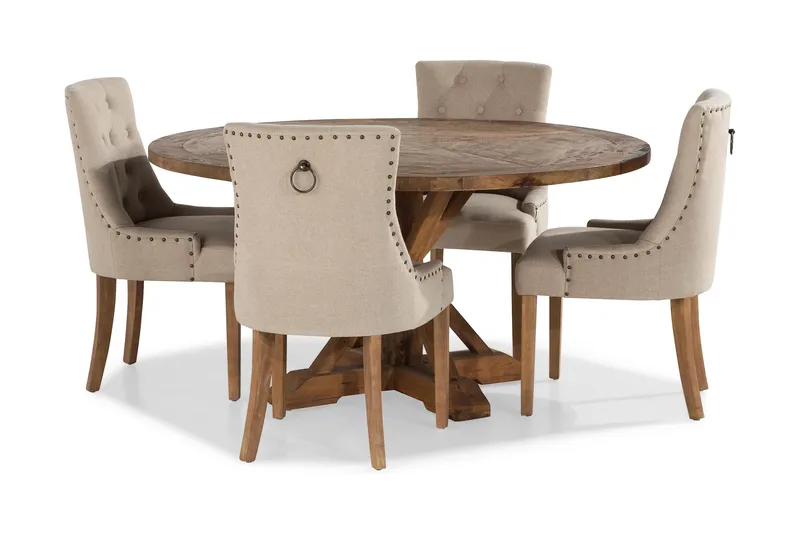 Lyon Matgrupp Ø150 cm Rund med 4 st Viktoria Stolar - Vintage Alm / Beige - Möbler - Matplats - Matgrupp & matbord med stolar