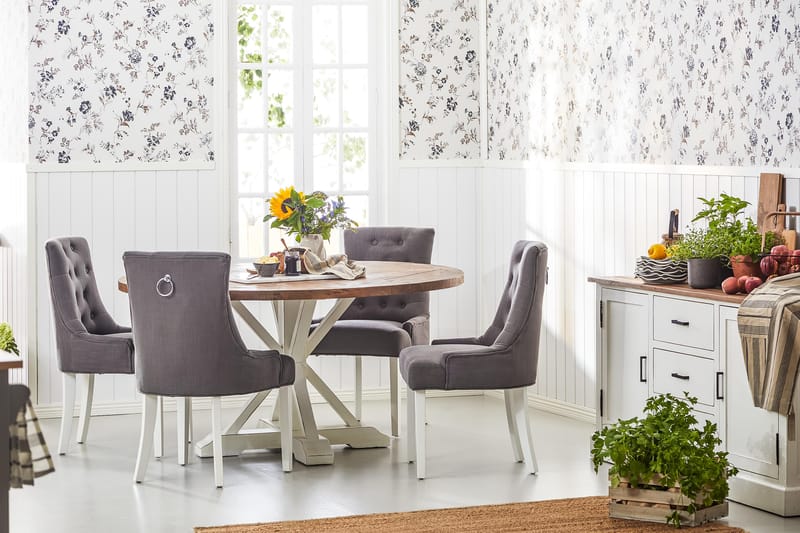 Lyon Matgrupp Ø150 cm Rund med 4 st Viktoria Stolar - Vintage Natur/Vit/Grå - Möbler - Matplats - Matgrupp & matbord med stolar