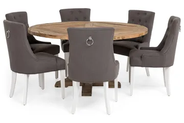 Lyon Matgrupp Ø150 cm Rund med 6 st Viktoria Stolar - Vintage Alm/Grå/Vit - Möbler - Matplats - Matgrupp & matbord med stolar