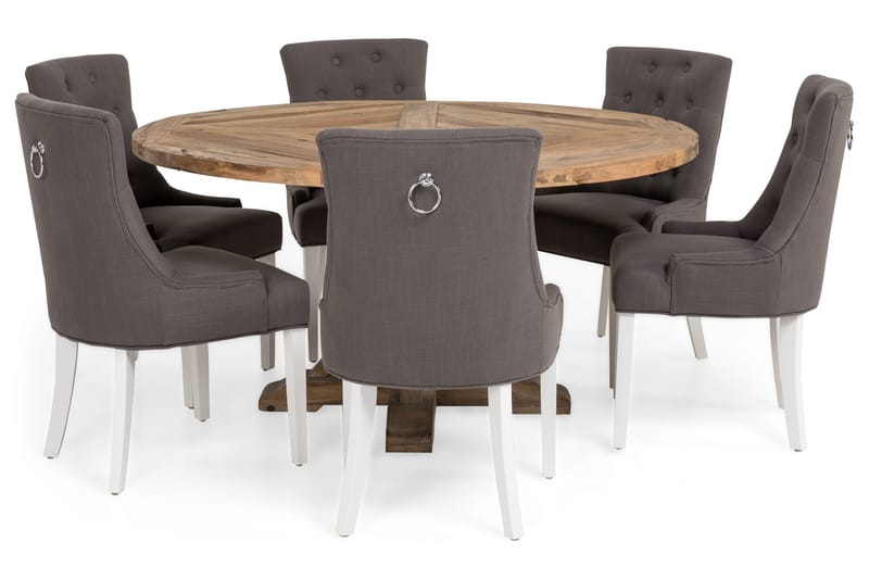 Lyon Matgrupp Ø150 cm Rund med 6 st Viktoria Stolar - Vintage Alm/Grå/Vit - Möbler - Matplats - Matgrupp & matbord med stolar