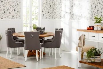 Lyon Matgrupp Ø150 cm Rund med 6 st Viktoria Stolar - Vintage Alm/Grå/Vit - Möbler - Matplats - Matgrupp & matbord med stolar