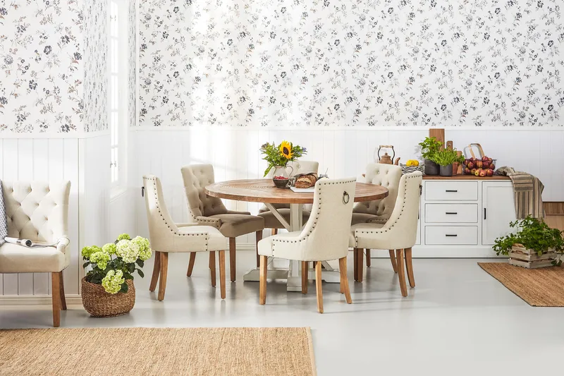 Lyon Matgrupp Ø150 cm Rund med 6 st Viktoria Stolar - Vintage Natur / Vit / Beige - Möbler - Matplats - Matgrupp & matbord med stolar
