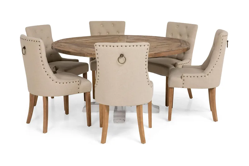 Lyon Matgrupp Ø150 cm Rund med 6 st Viktoria Stolar - Vintage Natur / Vit / Beige - Möbler - Matplats - Matgrupp & matbord med stolar