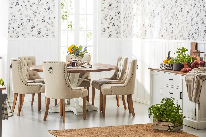Lyon Matgrupp Ø150 cm Rund med 6 st Viktoria Stolar - Vintage Natur / Vit / Beige - Möbler - Matplats - Matgrupp & matbord med stolar