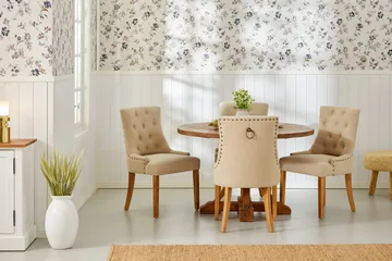 Lyon Matgrupp Rund med 4 st Viktoria Fåtölj - Trä / Beige - Möbler - Matplats - Matgrupp & matbord med stolar