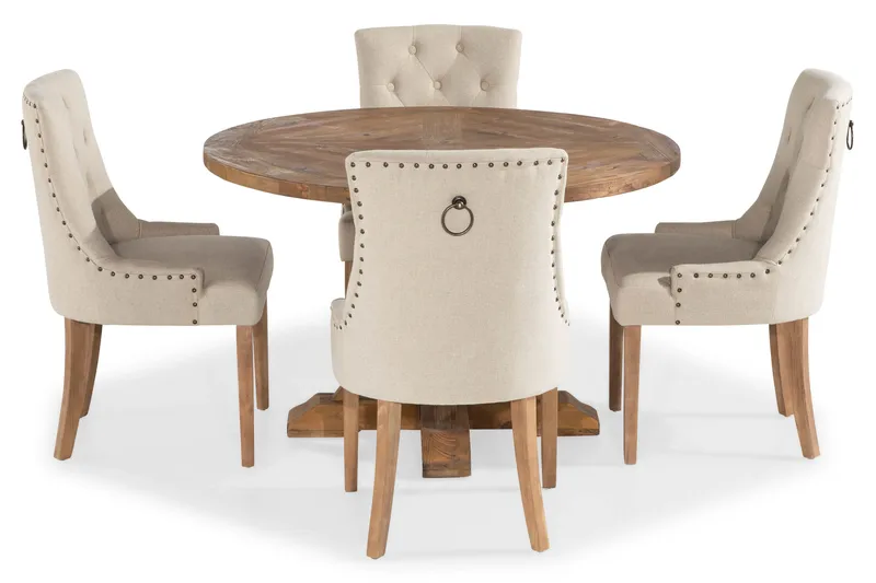 Lyon Matgrupp Rund med 4 st Viktoria Fåtölj - Trä / Beige - Möbler - Matplats - Matgrupp & matbord med stolar